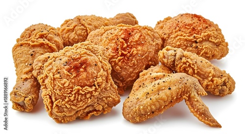 Crispy fried chicken pieces including drumsticks, wings, and breasts piled together isolated on white.