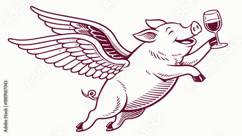 A whimsical flying pig holds a glass of wine depicted in an elegant silhouette high quality