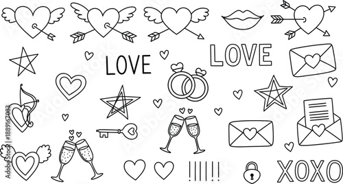 Charming black and white collection of hand drawn doodle elements perfect for celebrating romance valentine holidays and heartfelt affectionate connections