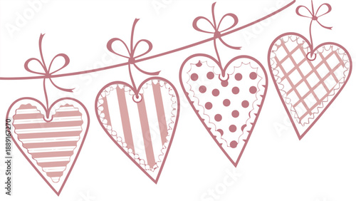 A delicate string of pink hearts with patterned designs hangs as a charming decoration silhouette