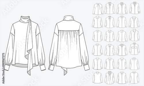Women blouse technical fashion set, front back views shirt variations collection, apparel design template, cad drawing flat vector illustration