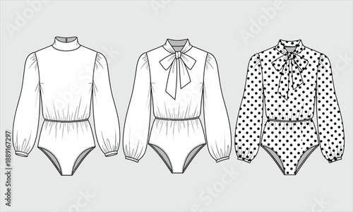 Women bodysuit fashion technical illustration, long sleeve blouse design variations, elegant clothing template, apparel concept, cad drawing flat vector illustration