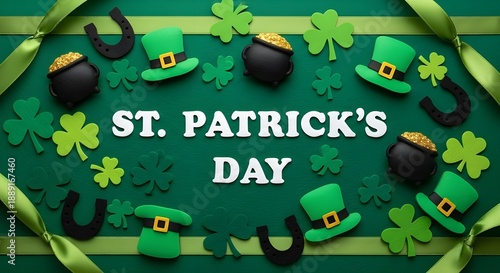 St. Patrick's Day festive green background with shamrocks, pots of gold, leprechaun hats, and horseshoes for Irish holiday celebration greeting.