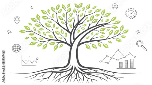 Stylized tree illustration with growth related icons featuring a dark tree silhouette high quality professional detailed
