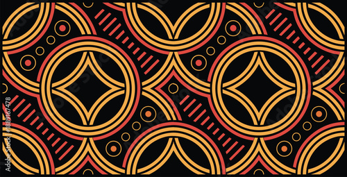 Vibrant seamless geometric pattern featuring interlocking circles and diamond shapes in warm orange and red tones against a dark background for textile design
