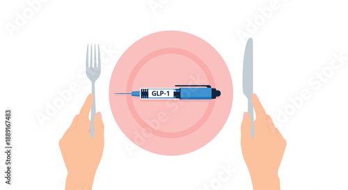 Overhead view of hands holding a fork and knife over a plate with a GLP-1 injection pen, symbolizing diabetes treatment and mealtime management.