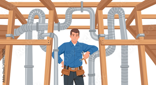 Smiling construction worker with tool belt and wrench in attic, surrounded by complex network of metal ventilation pipes and wooden framework.