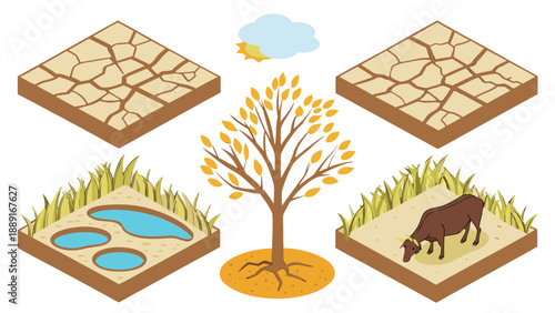 Isometric illustration depicting drought vegetation and animal life showcasing a stark landscape silhouette high quality professional