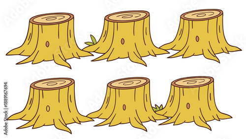 Cartoon illustration of six tree stumps with visible growth rings a playful silhouette high quality professional