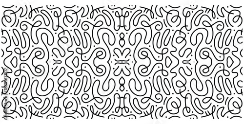 Seamless abstract pattern featuring continuous black line art depicting tangled, flowing, and looping organic shapes with scattered small dots on a white background