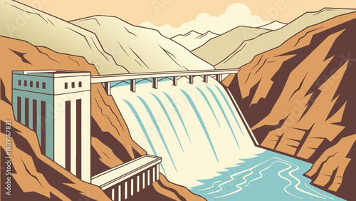 A striking illustration depicts a large concrete dam against a mountainous backdrop silhouette high quality professional