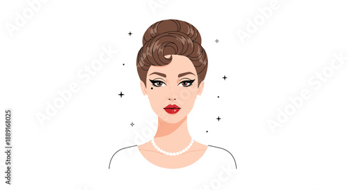 Stylized portrait of a woman with an elegant updo, bold makeup, red lipstick, and pearl necklace, exuding classic beauty.