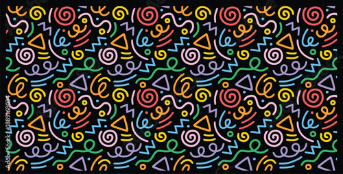 Vibrant abstract pattern featuring retro 1980s and 1990s style geometric shapes and colorful swirling lines creating a dynamic Memphis design aesthetic perfect for backgrounds