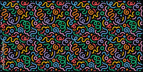 Vibrant seamless pattern featuring brightly colored abstract confetti streamers ribbons and simple geometric shapes set against a deep black background creating a festive and energetic visual texture