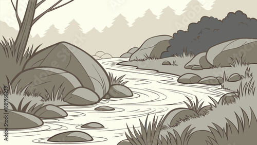 A serene landscape featuring a winding stream rocky formations and forest trees silhouette high quality professional