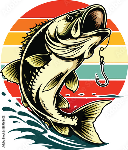Fishing Bass Jumping Out Of Water Illustration