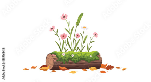 A weathered log covered in vibrant moss, sprouting pink and white wildflowers and green grass, surrounded by fallen autumn leaves, symbolizing the cycle of life and na...