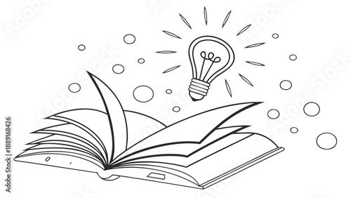 An open book with a glowing lightbulb above representing knowledge and ideas silhouette high quality professional
