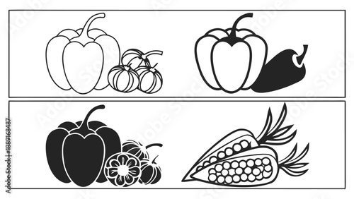 Black and white illustration of peppers pumpkin and corn presented as a striking silhouette high quality