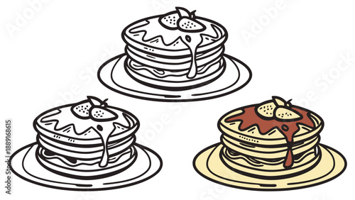 Three stacked pancakes with strawberry toppings and syrup presented in a distinct silhouette high quality professional