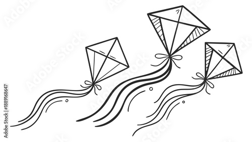 Three diamond kites with flowing ribbons are depicted in a simple black and white silhouette