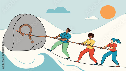 Diverse group collaboratively pulling a large question mark shaped rock a compelling silhouette high quality professional