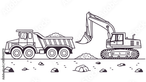 Construction vehicles including a dump truck and excavator depicted in a striking silhouette high quality professional