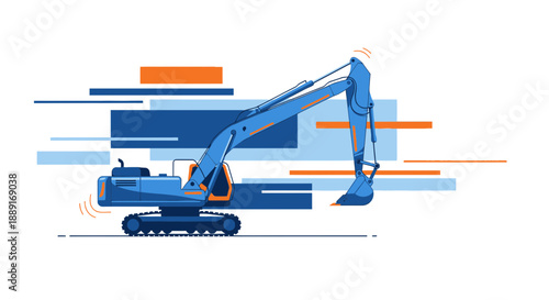 Blue Excavator Machine With Abstract Geometric Shapes Background