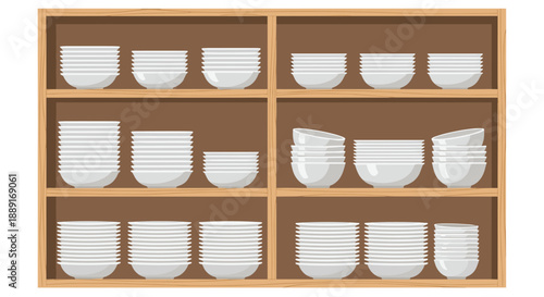 Neatly stacked white bowls and plates on wooden shelves, organized by size and type, creating a clean and orderly kitchenware display for home or commercial use.