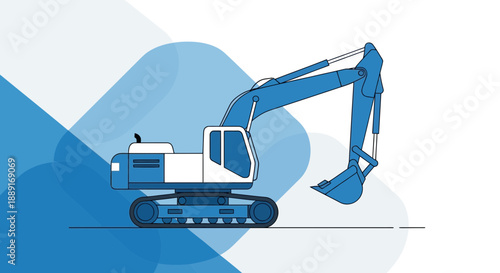 Blue Excavator Machine Working on Construction Site With Abstract Background