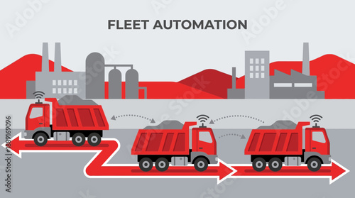 Automated Truck Fleet Operations With Industry Background In Red And Grey Tones