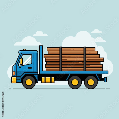 Blue Flatbed Truck Transporting Stacked Timber Lumber Cargo Outdoors