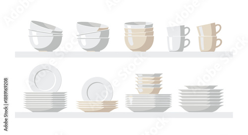 Assortment of white and beige ceramic dishes, including plates, bowls, and cups, neatly arranged on two shelves, showcasing a modern and minimalist tableware collection.