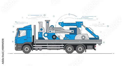 Blue Industrial Truck Carrying Complex Mechanical Equipment For Transport