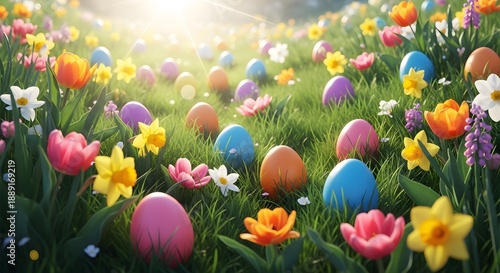 Vibrant easter eggs and flowers on easter sunday morning