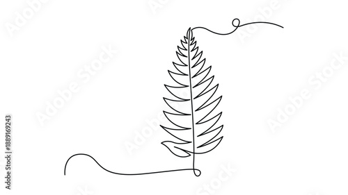 Minimalist continuous line drawing of a stylized fern leaf or abstract tree branch