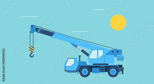 Blue Mobile Crane With Hook And Sun On Cyan Background