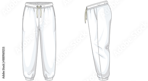 Two views, front and side, of white sweatpants with drawstring and elastic cuffs, presented on a white background, highlighting casual athletic apparel design.