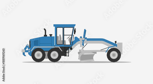 Blue Motor Grader Construction Vehicle Flat Illustration