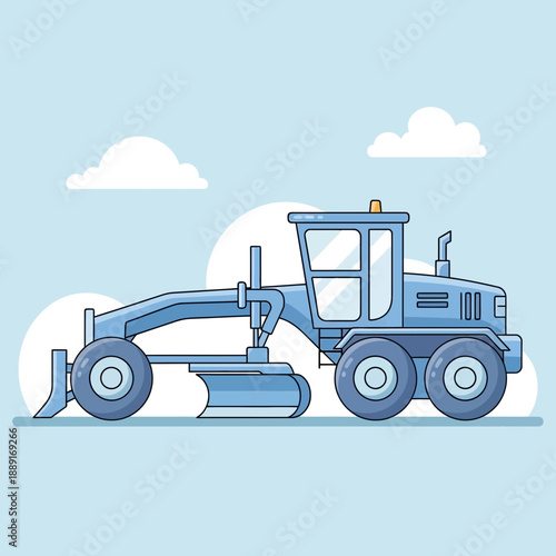 Blue Motor Grader Machine On A Sky Background With Clouds