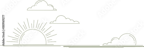 Minimalist line art depiction of the sun rising over a horizon with scattered stylized clouds against a gentle blue and yellow gradient sky background symbolizing hope and new beginnings.