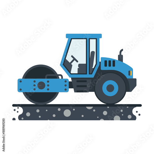 Blue Road Roller Compacting Surface Construction Vehicle Flat Design Illustration