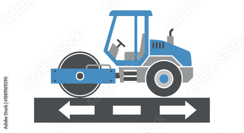 Blue Road Roller Compacting Asphalt With Directional Arrows