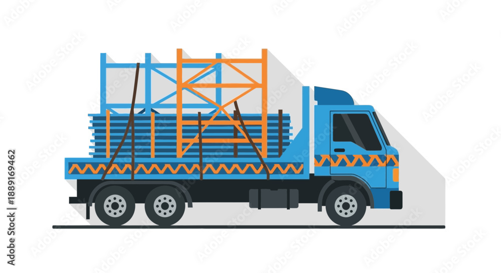 Fototapeta premium Blue Truck Transporting Construction Materials Flat Style Design