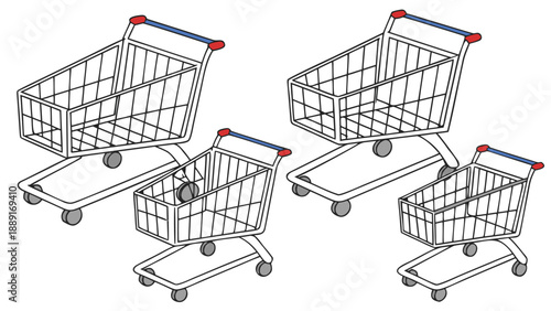 Four empty shopping carts are angled in a minimalist graphic style silhouette high quality professional detailed