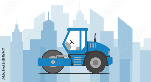 Blue Steamroller Machine With Cityscape Background Construction And Urban Development