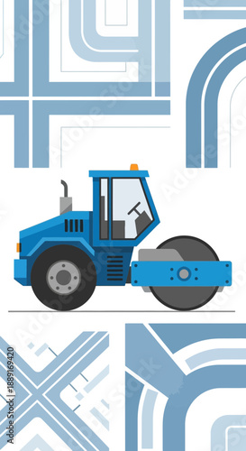 Blue Steamroller Machine On Abstract Blue And White Lines Background