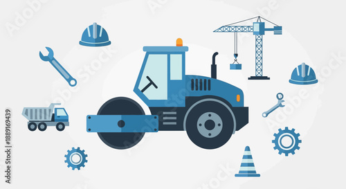 Blue Construction Equipment And Tools Displayed In A Conceptual Layout