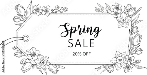 Elegant black and white outline drawing of a spring sale tag adorned with beautiful hand drawn tulips daffodils and cherry blossoms advertising twenty percent off discount offers