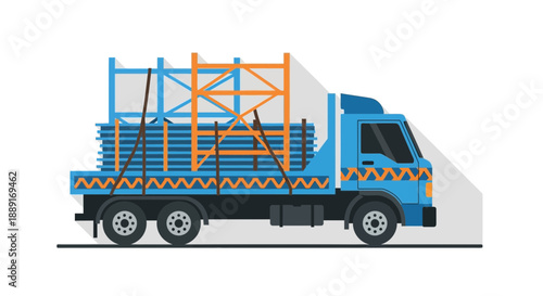Blue Truck Transporting Construction Materials Flat Style Design